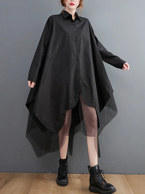 Original Stylish Pure Color Mesh Split-Joint Cropped Buttoned Lapel Collar Long Sleeves Midi Shirt Dress