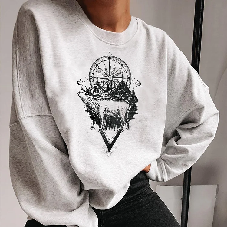 Vefave Compass Elk Print Sweatshirt