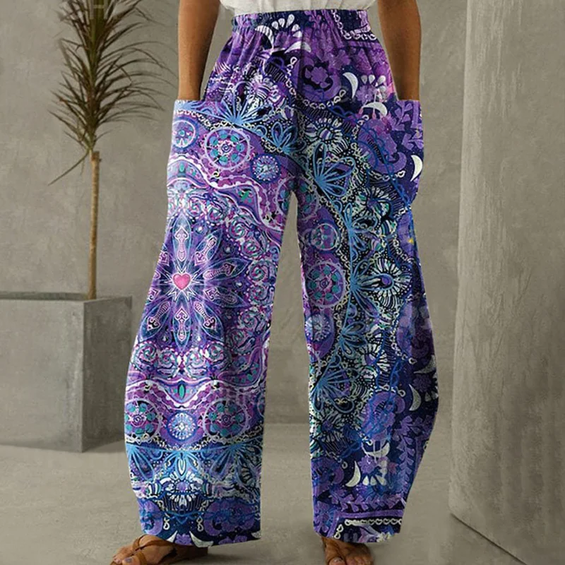 Purple Ethnic Floral Print Loose Casual Pants