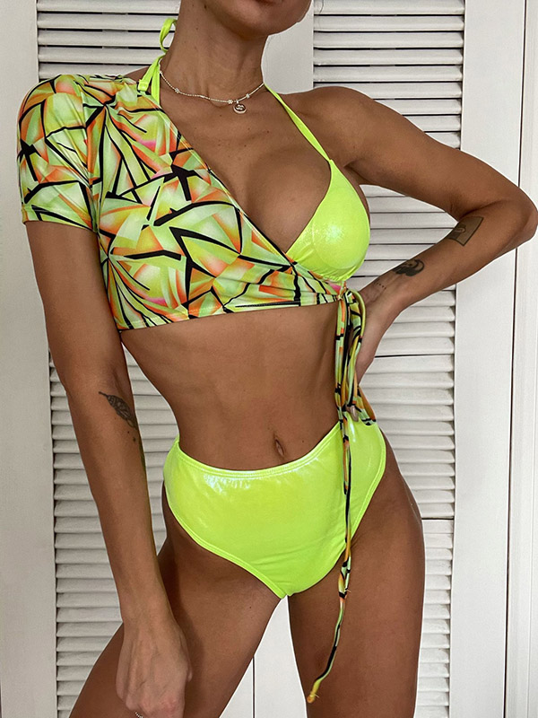 PU Triangle Fluorescent Green Bikini Swimwear One Shoulder Cover Up Three Pieces Set