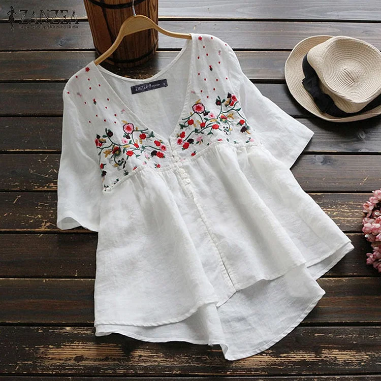 Cotton and linen literary real buttons embroidered top QueenFunky