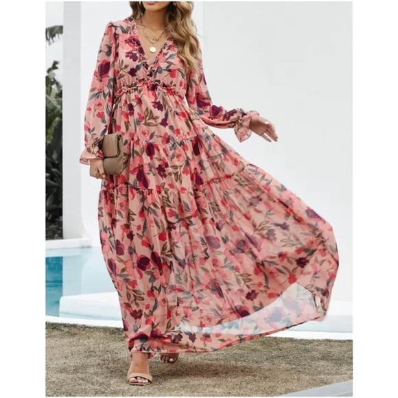 Women's Vacation Floral Print Ruffle Trim V Neck Maxi Dress