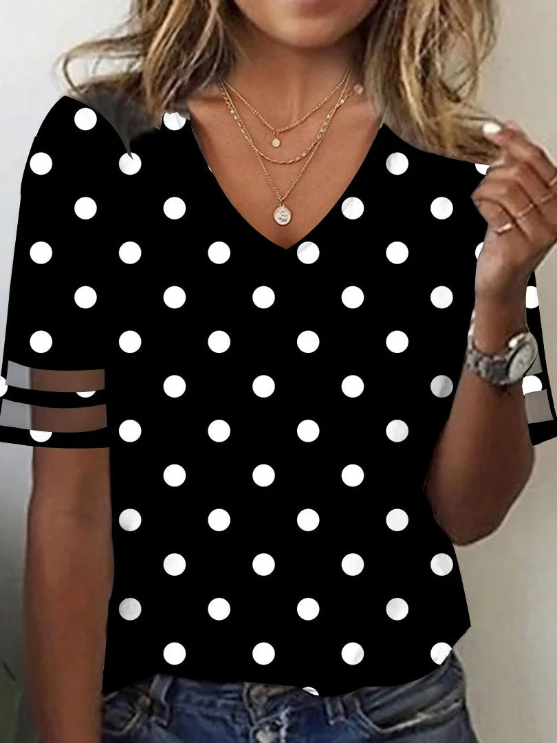 Women's Short Sleeve V-neck Polka Dot Printed Tops