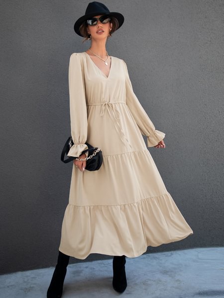 V Neck Drawstring Waist Flounce Sleeve Dress - BlackFridayBuys