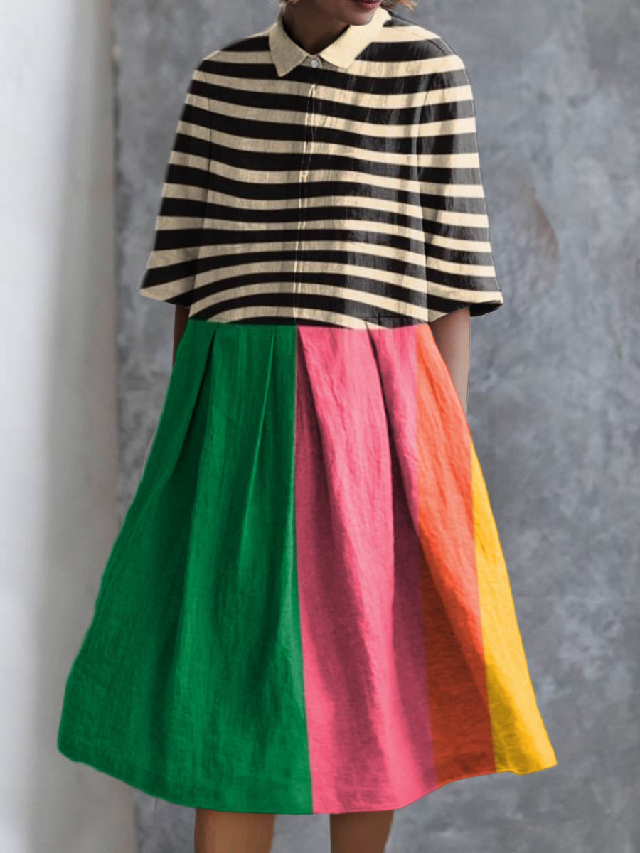 Women's Abstract Geometric Line Pattern Print Pocket Cotton Dress