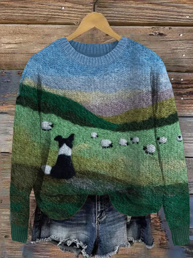 VChics Border Collie & Sheep Landscape Felt Art Cozy Sweater