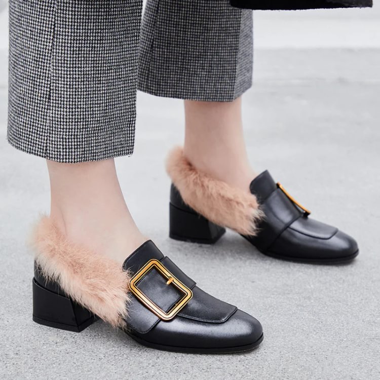 Rabbit Fur Chunky Buckle Fleece Loafers