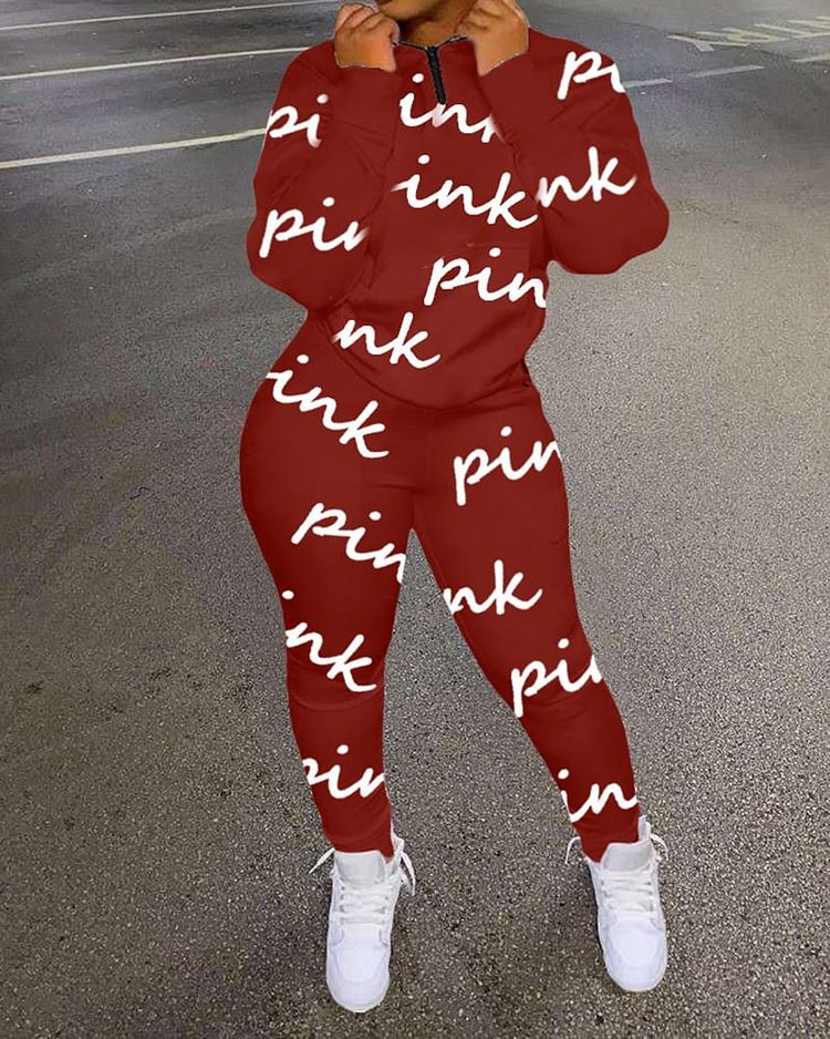 Letter Print Zip Front Kangaroo Pocket Jacket & Pants Set - Shop Trendy Women's Clothing | LoverChic