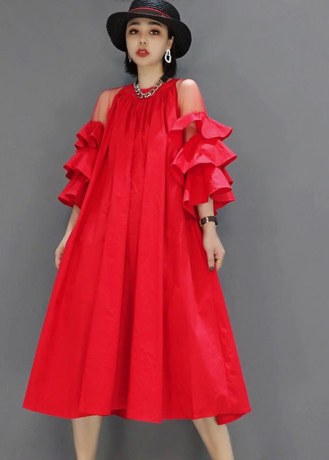 Modern Red wrinkled Patchwork Tulle Butterfly Sleeve A Line Dress 
