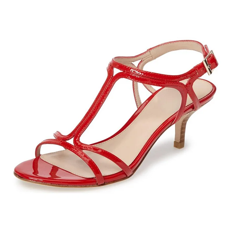 Red T-Strap Open Toe Kitten Heel Sandals for Office Ladies Vdcoo