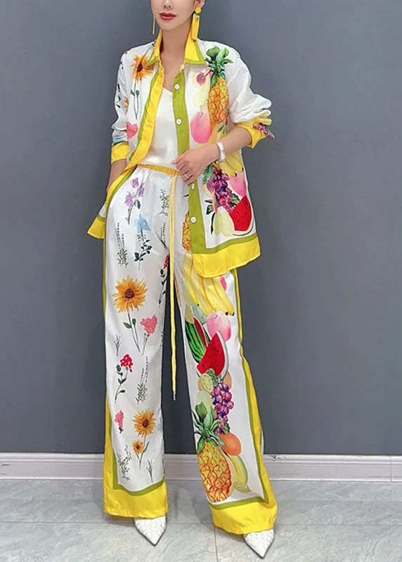 Elegant Yellow Fruit Print Button Shirts And Wide Leg Pants Two Piece Set Spring