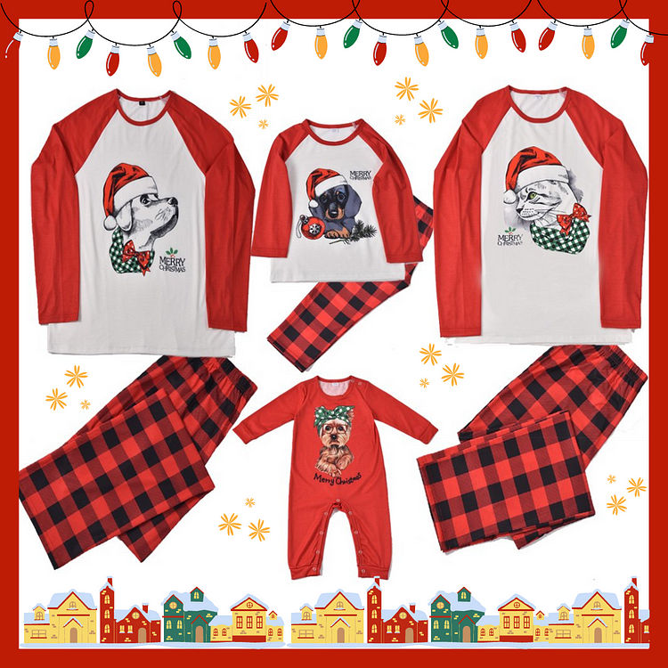 Family Dog&Cat Cartoon Printed Christmas Red Black Plaid Pajamas Sets