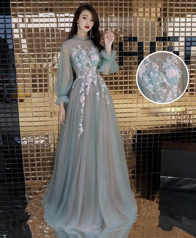 Green Tulle Lace Long Prom Dress, Green Tulle Evening Dress SP15761