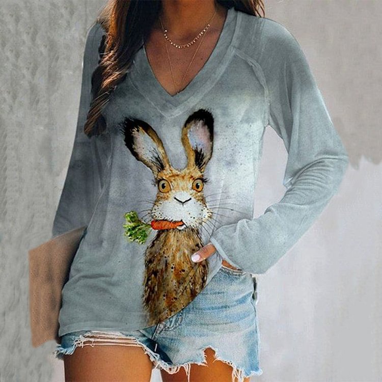 Comstylish Animal Rabbit Print V Neck Long Sleeve T-shirt