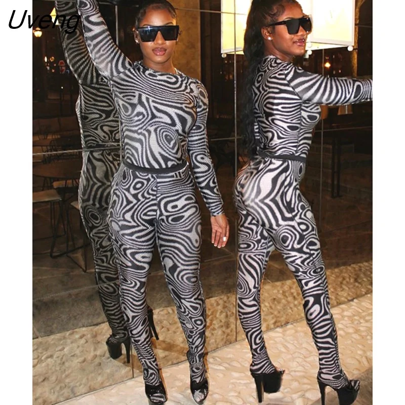 Uveng Zebra Print Women Sporty Two Piece Set Long Sleeve O-Neck Skinny Tops+High Waist Leggings Female Matching Streetwear