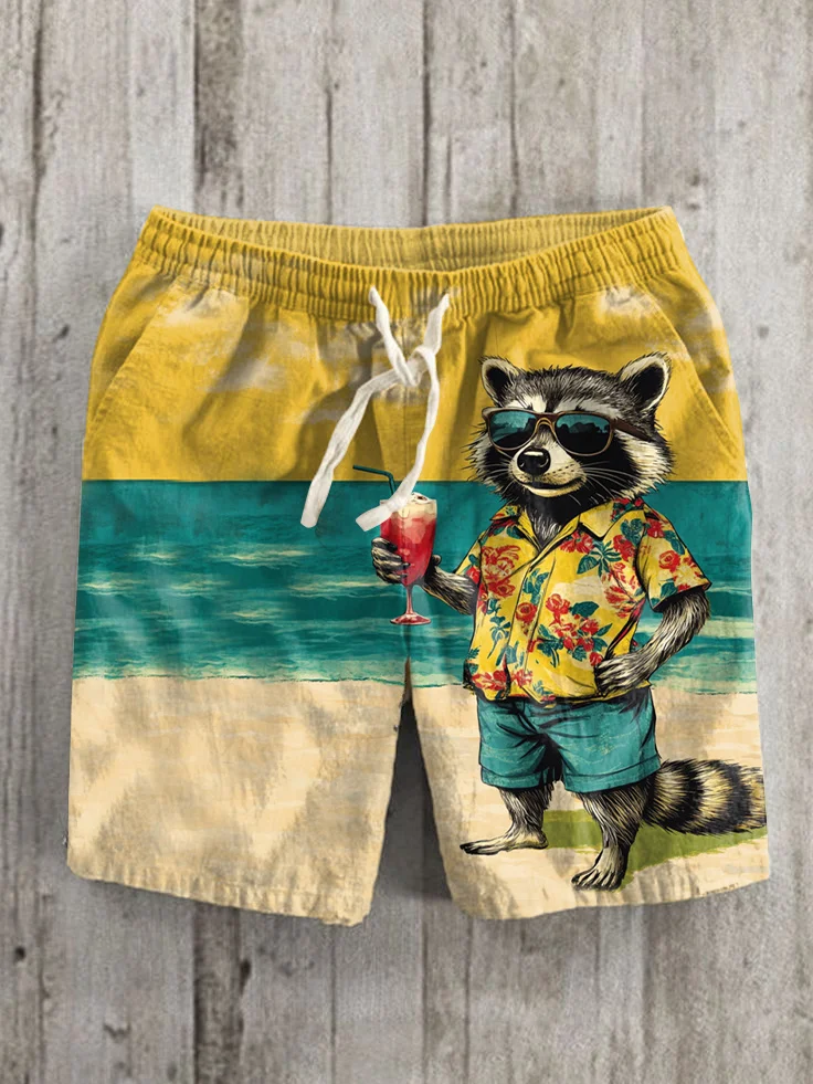 Men's Seaside Raccoon Vacation Art Print Casual Shorts