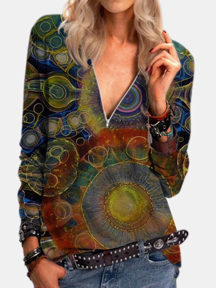 Vintage Printed Long Sleeve V neck Zip Front T shirt For Women P1770369
