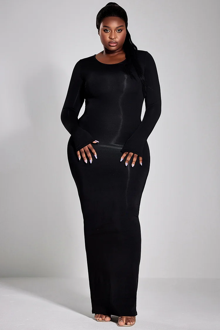 Plus Size Casual Dress Black Round-Neck Long Sleeve Knitted Maxi Dress [Pre-Order]