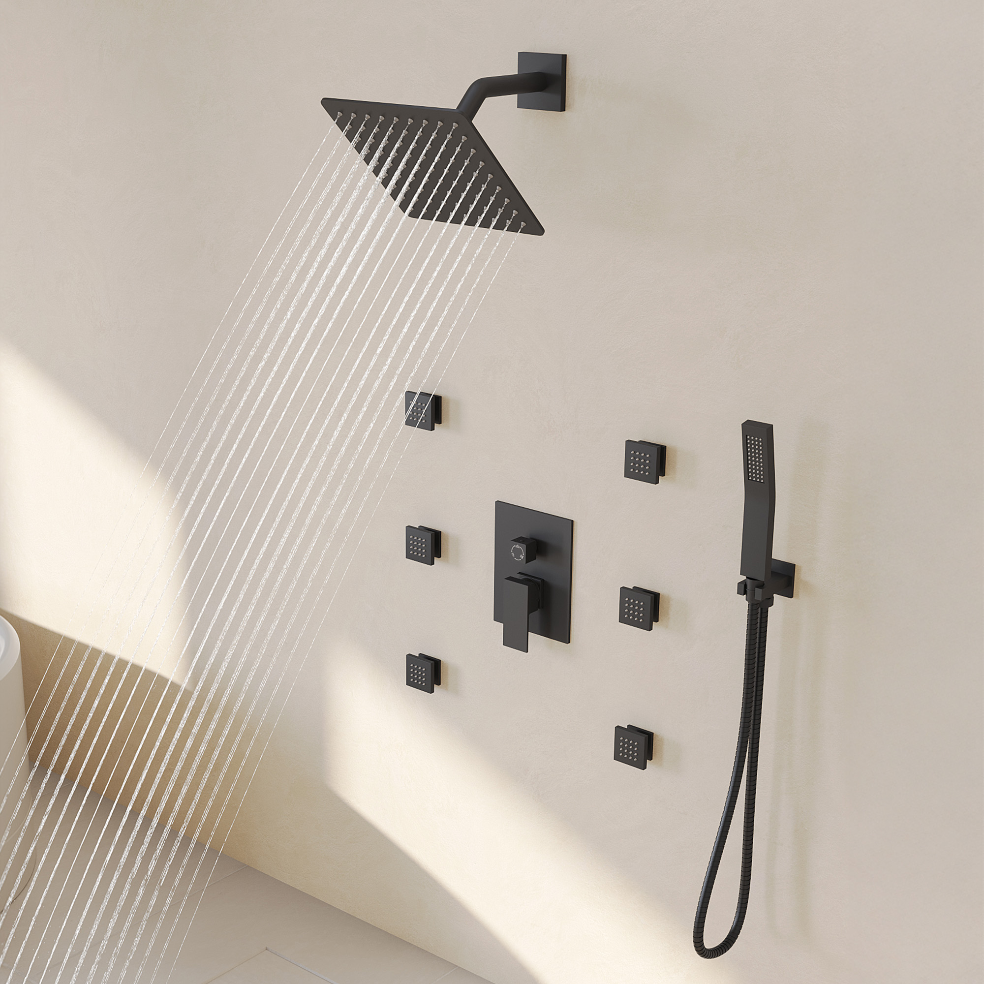 10 in. Wall Mount Dual Shower Head and Handheld Shower with 6-Jets in Matte Black (Valve Included)