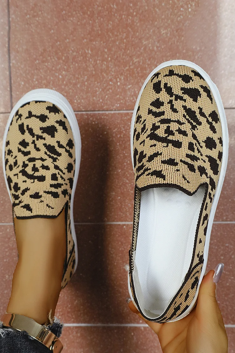 Leopard Pattern Print Round Toe Flyknit Slip On Loafers