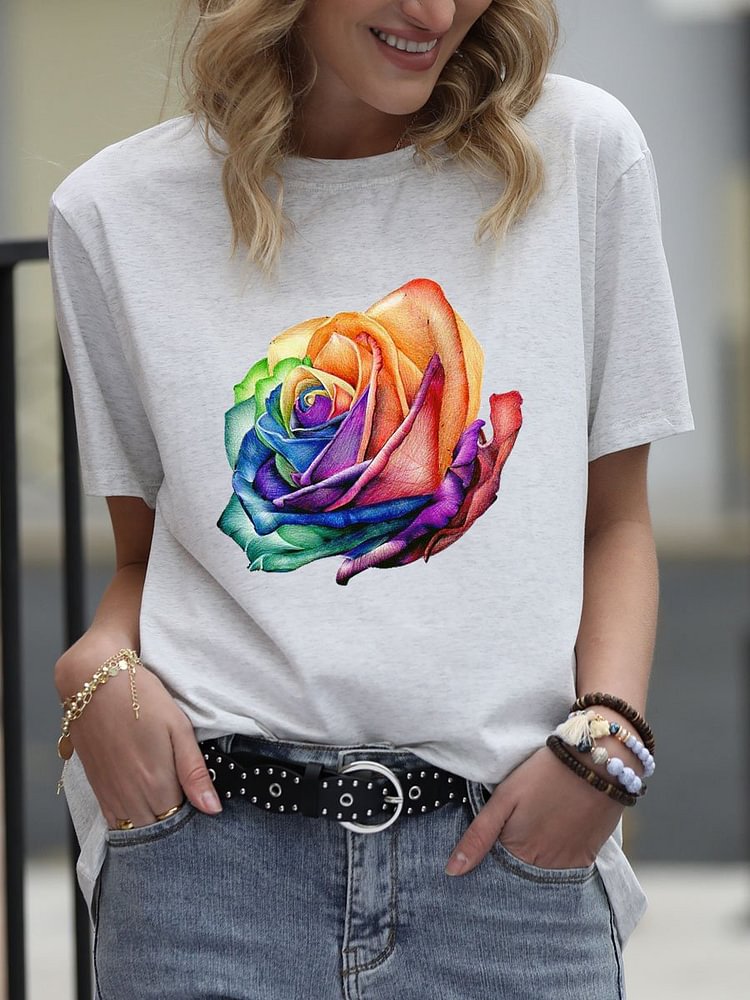 Bestdealfriday Colorful Rose Graphic Round Neck Short Sleeve Tee