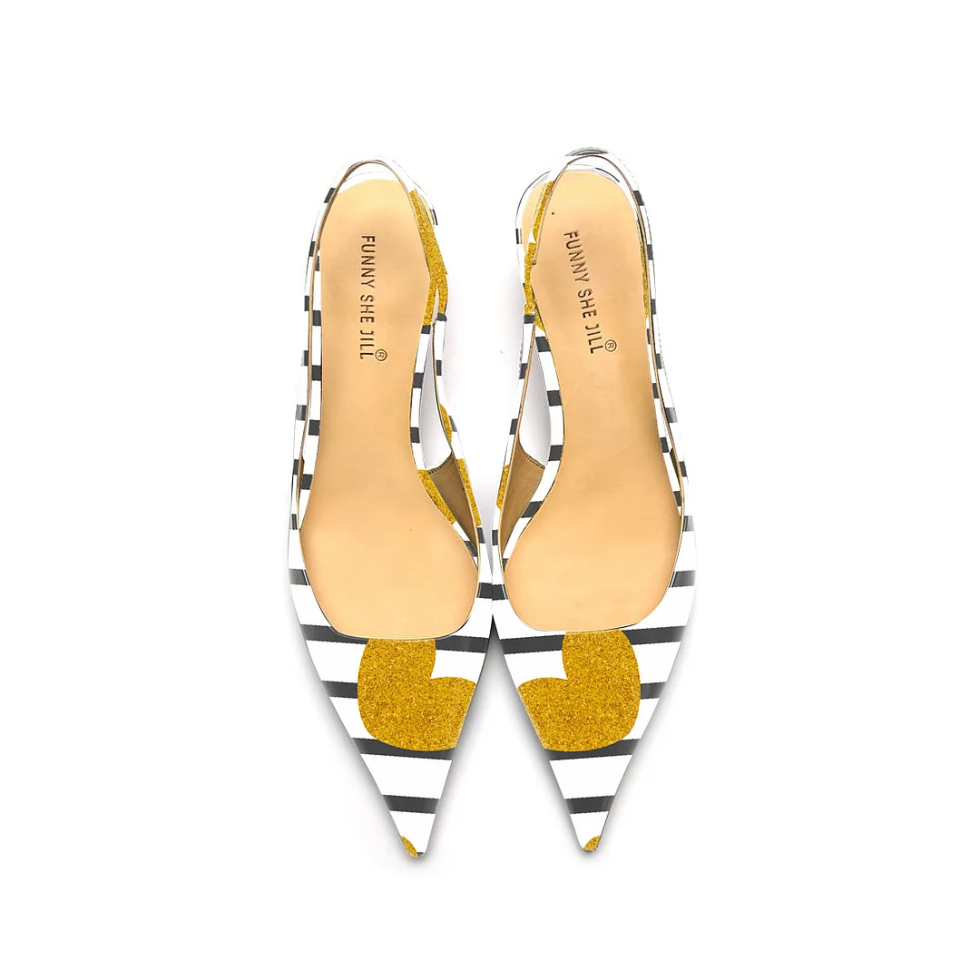 Women's Zebra Stripes White Bottom Patent Leather Pointed Toe Elegant Kitten Shoes Nicepairs