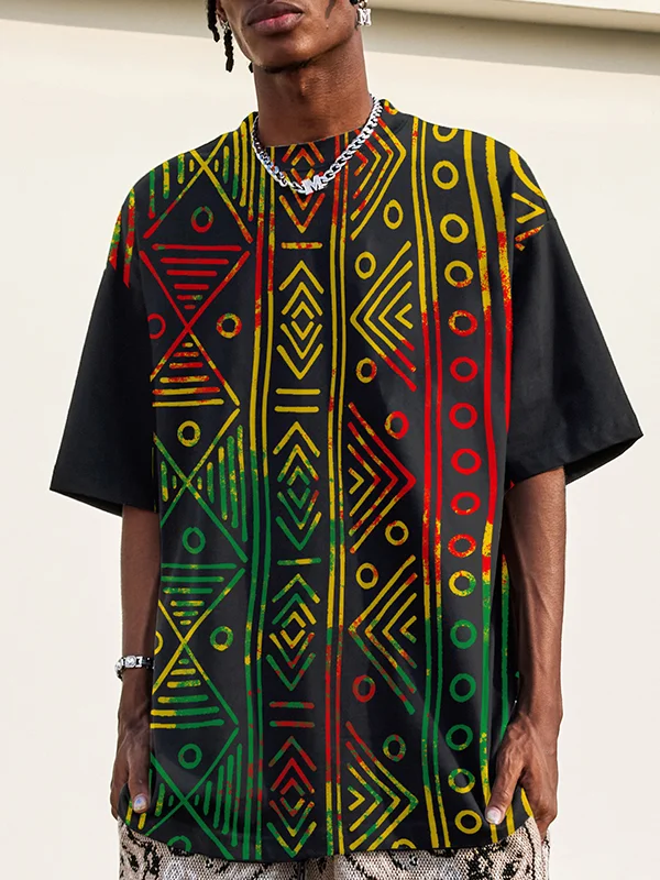 Men's Multicolor Geometric Pattern Print Round Neck T-Shirt