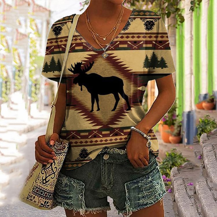 Vefave Vintage Elk Print Short Sleeve T-Shirt