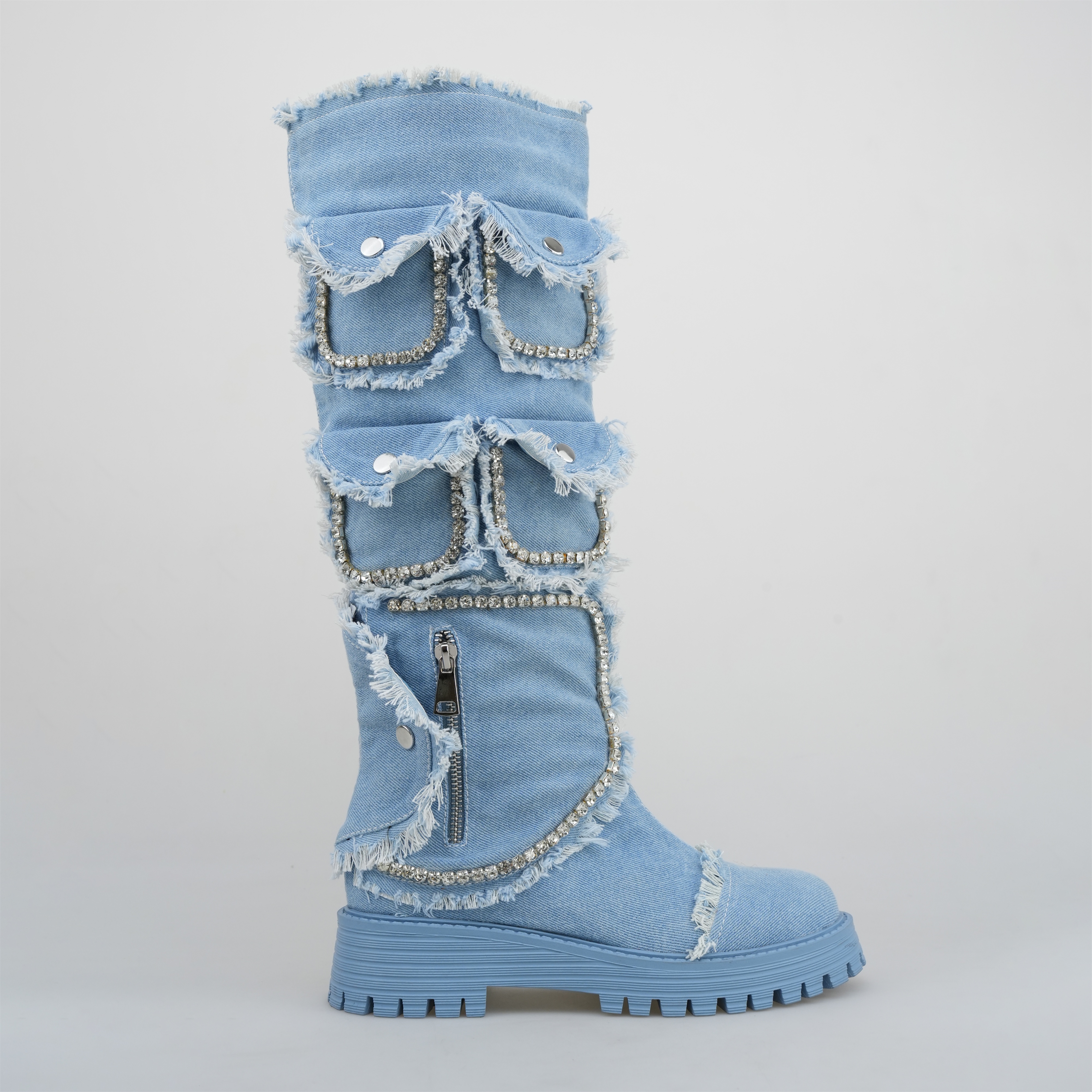 TAAFO Blue Denim Rehine Stone Women Round Toe Long Boots Flat Boots