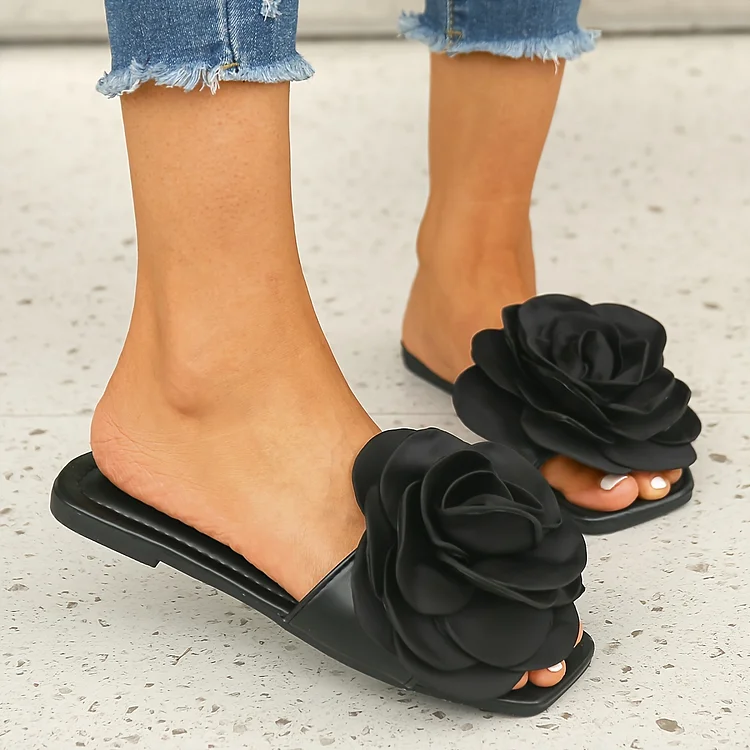 Women's Satin Flower Flat Slides, Fashion Solid Color Square Open Toe Shoes, Versatile Slide Sandals