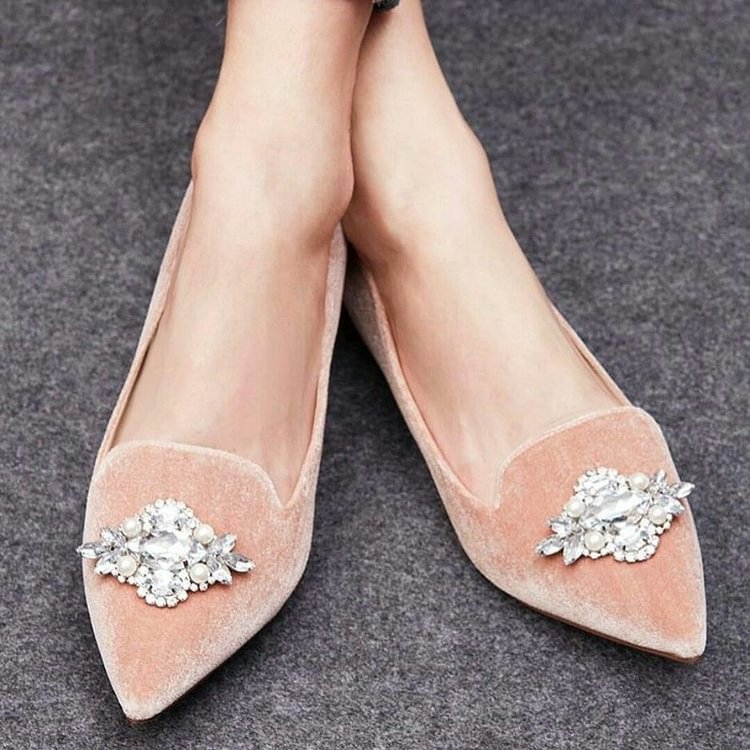 Pink Pointy Toe Flats Comfortable Ballet Shoes with Rhinestone |FSJ Shoes