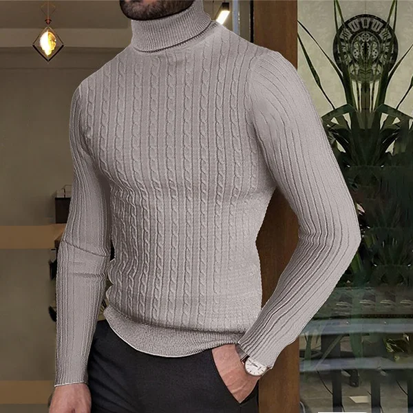 Men's Casual Solid Color Twist Knit Slim Turtleneck Sweater
