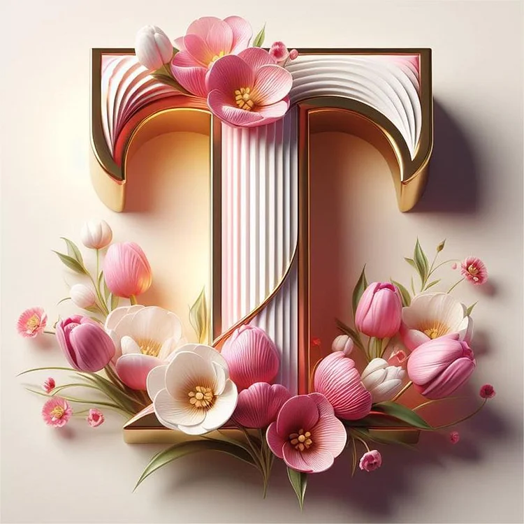 Pink Floral Letter T 30*30CM (Canvas) Full Round Drill Diamond Painting gbfke