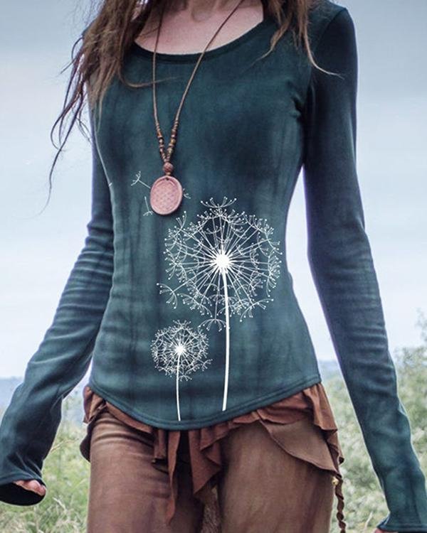 Women's Vintage Stained Dandelion Print Long Sleeve Top