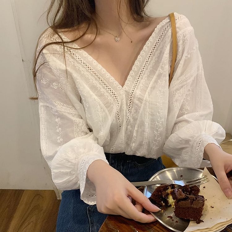 V-Neck Lace Trim Blouse YP4512