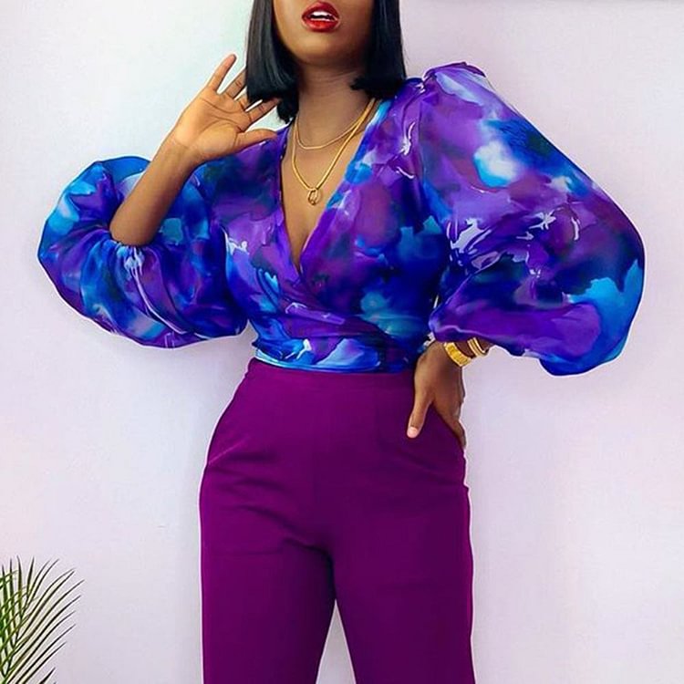Sexy Tie Dye Blue Printed Women Blouse Autumn Sexy V Neck Chiffion Shirts Crop Tops Fashion 2022 Long Sleeve Blouse Shirts - BlackFridayBuys
