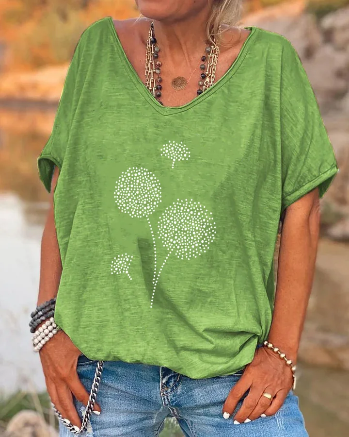 Dandelion Print Loose V-neck Pullover Women's Short-Sleeved T-shirt socialshop