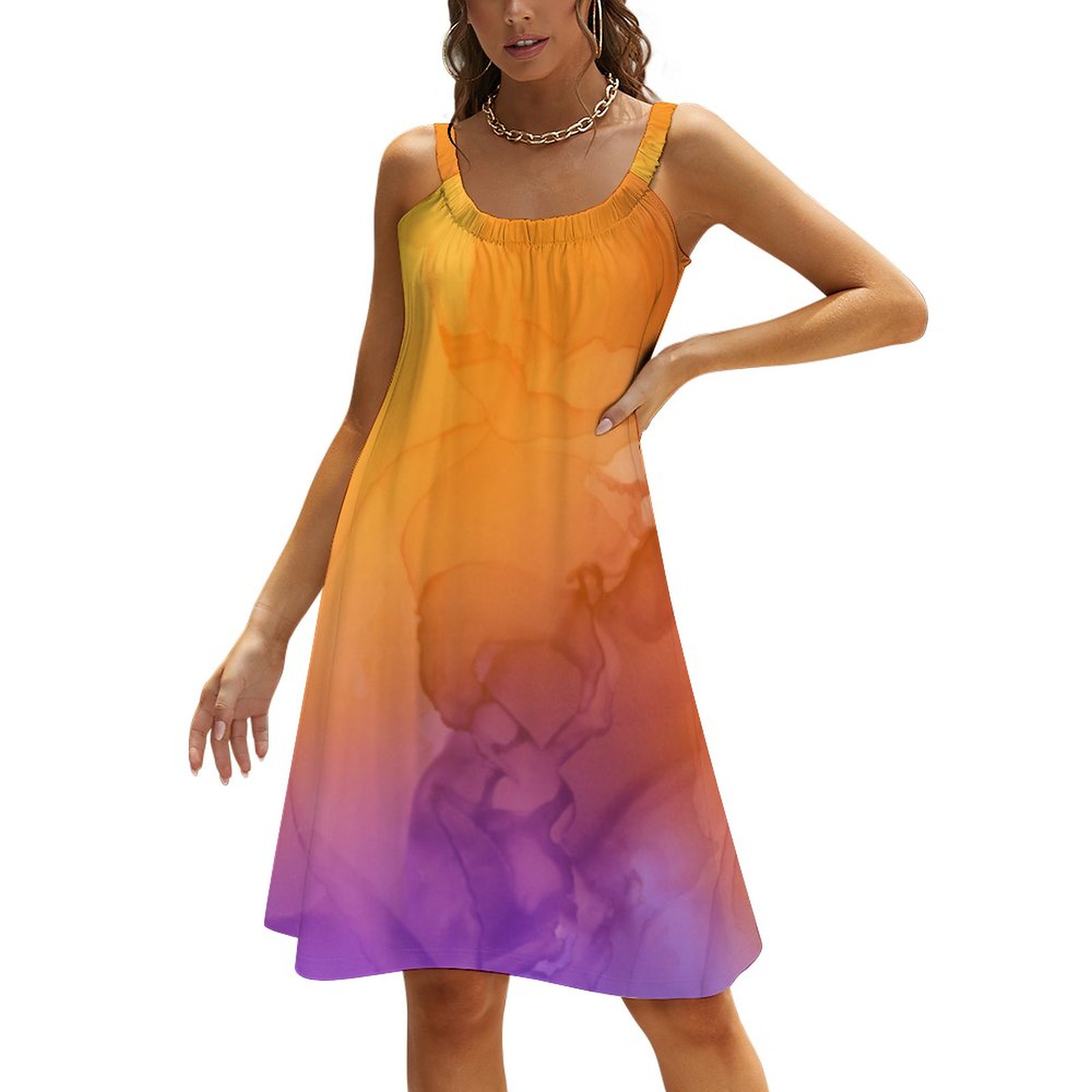 SFNEEWHO Bright Orange Pink And Purple Ink Wash Abstract Summer Hawaiian Beach  Dresses Casual Sling Sleeveless Printed Knee Length Dress