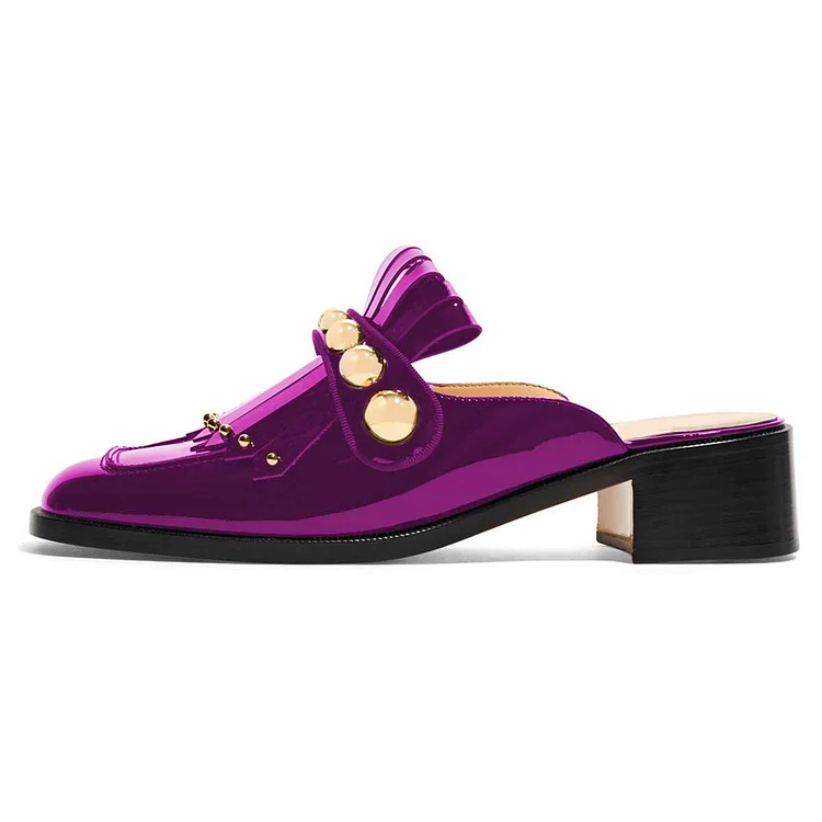 Purple Mirror Leather Fringe Loafer Mules with Studs Vdcoo