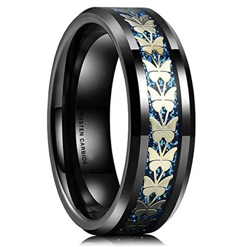 Women's Or Men's Butterfly Tungsten Carbide Wedding Band Matching Rings,Black Tungsten Carbide Ring with Butterflies over Blue Sandy Inlay With Mens And Womens For Width 8MM