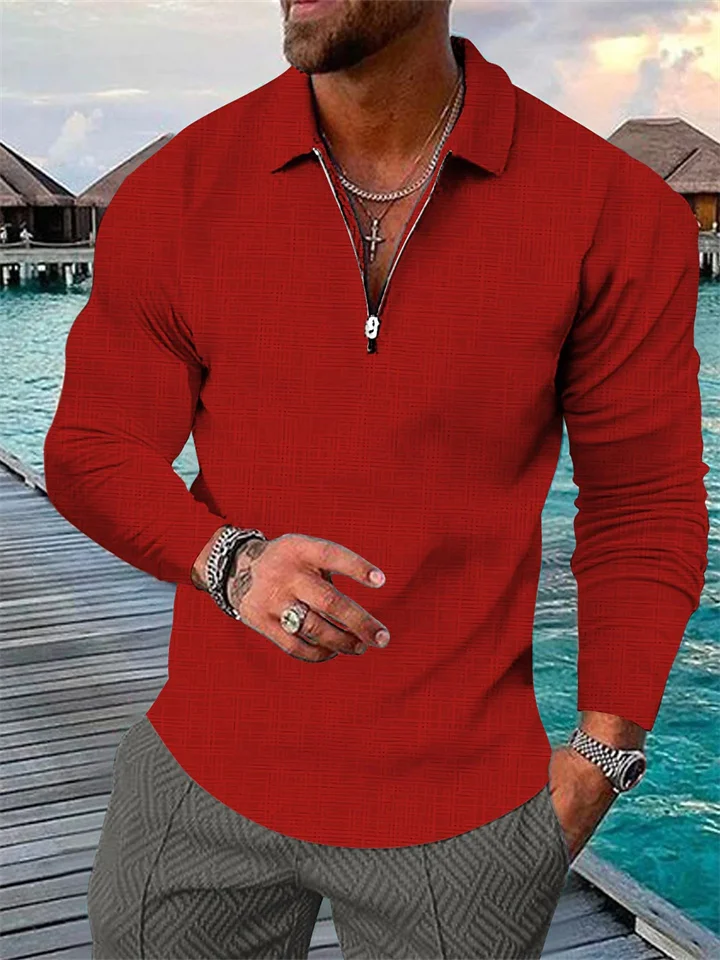 Men's Polo Shirt Golf Shirt Plaid Turndown Black Army Green Red Royal Blue Blue Outdoor Street Long Sleeve Zipper Print Clothing Apparel Fashion Designer Casual Breathable-JRSEE