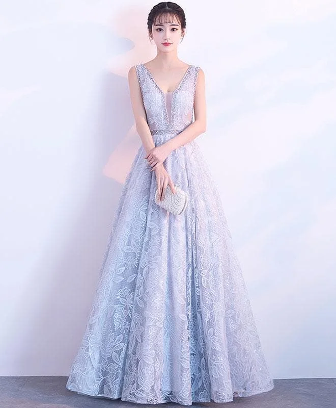 Gray V Neck Lace Long Prom Dress, Gray Evening Dress