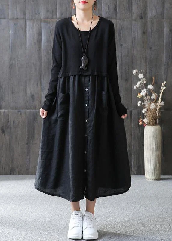 100% cotton Tunic Cotton Solid Spliced Female Long Sleeve Black Dress