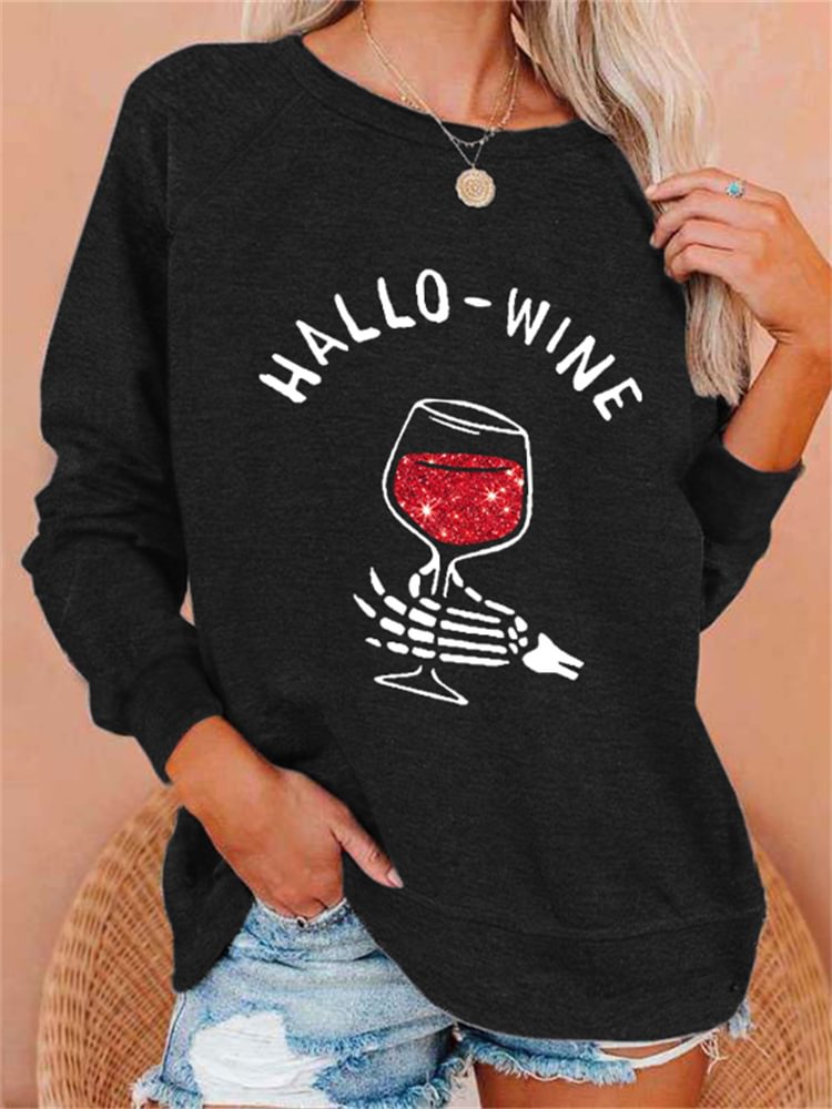 Vefave Halloween Hallo Wine Glitter Graphic Sweatshirt