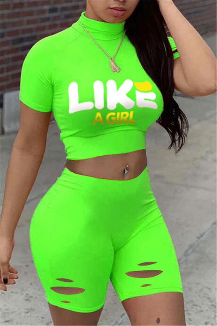 Fashion Casual Letter Print Ripped Turtleneck Short Sleeve Two Pieces - Shop Trendy Women's Clothing | LoverChic