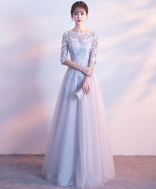 Gray Lace Tulle Long Prom Dress, Gray Tulle Lace Evening Dress