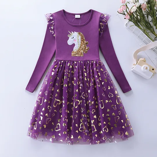 【3Y-8Y】Girls' Unicorn Sequin Long Sleeve Princess Dress