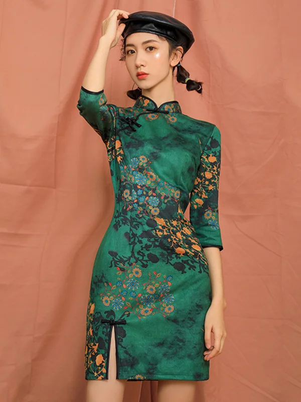 Vintage Floral Stamped Suede 3/4 Sleeve Short Cheongsams