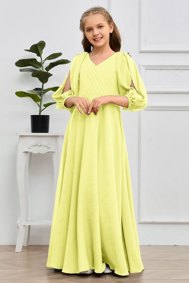 Daisda Long Sleeves V-Neck Junior Bridesmaid Dress With Pleated