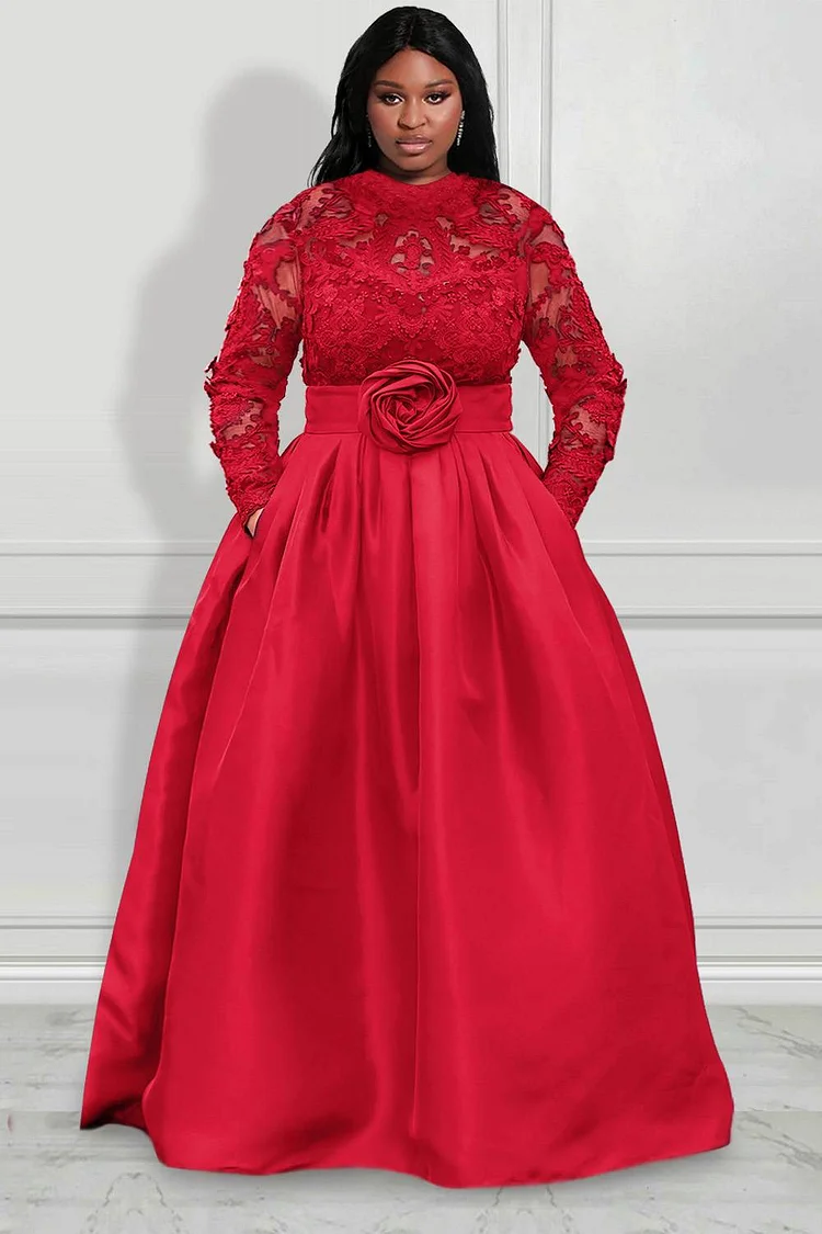 Plus Size Red Formal Lace Long Sleeve With Pocket Satin Maxi Dresses